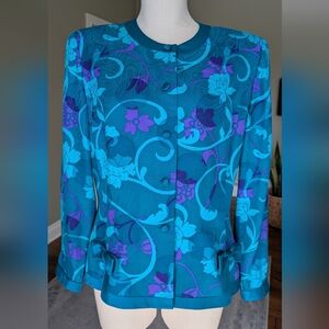 Vintage Adrianna Papell 100% Silk Teal Purple Floral Blouse Jacket Size 12